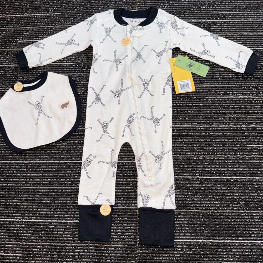 Monica + Andy Coverall Bib Set Kids 6-9M New Skeleton Organic Cotton White Black
